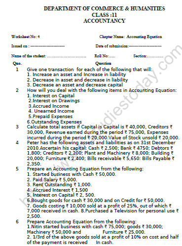 CBSE Class 11 Accountancy Accounting Equation Worksheet Set A